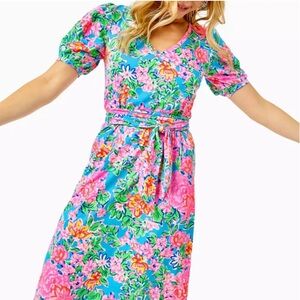 Lilly Pulitzer Vibrant Floral Midi Dress in Blue and Pink with belt. Size small